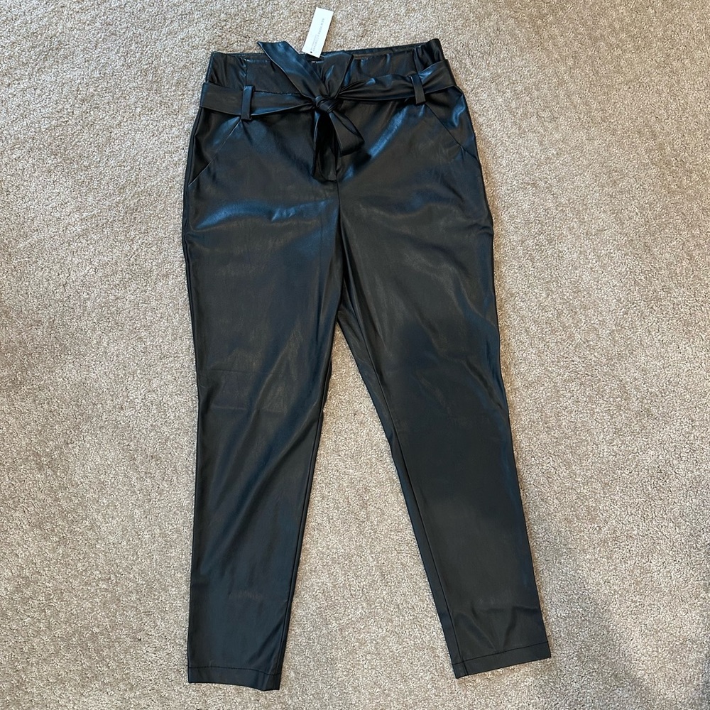 Black Faux Leather Pants with Bow